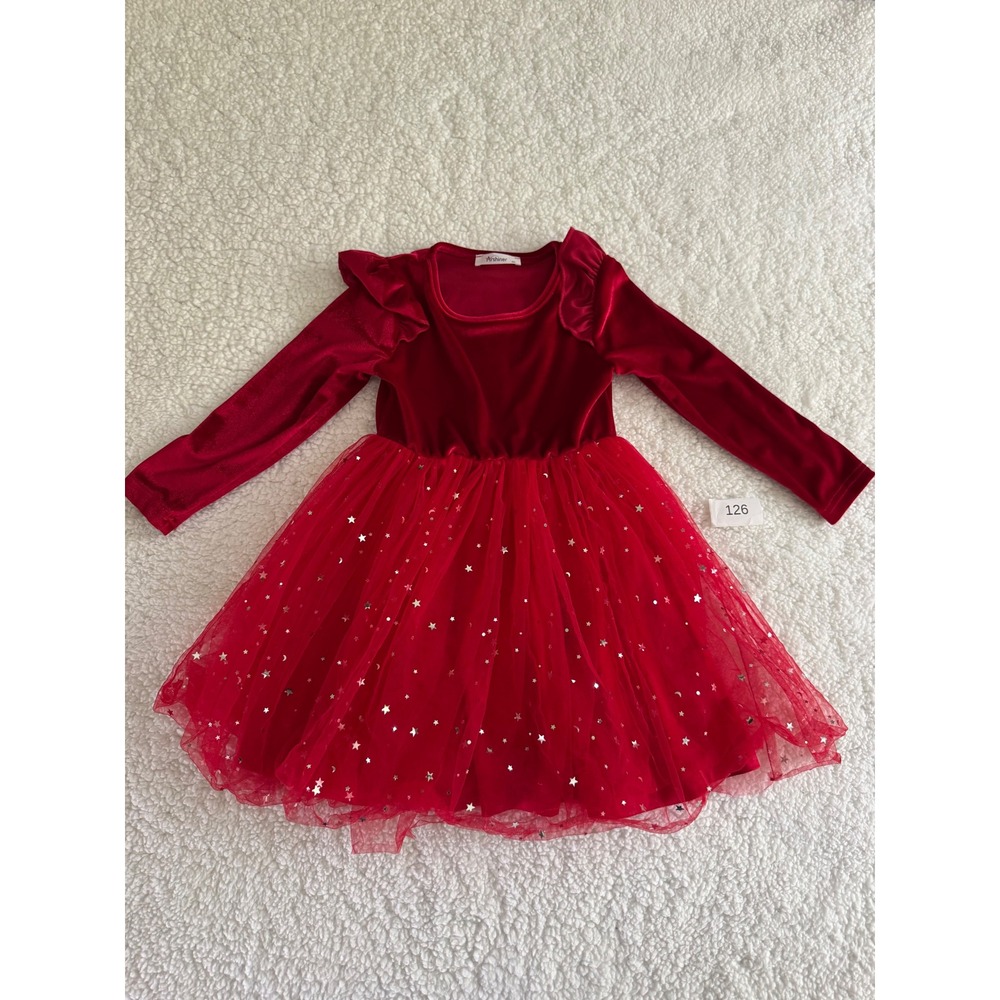 Arshiner Velvet Tulle Star Moon Dress Kids Girls Size 120 Red Holiday Exc 126